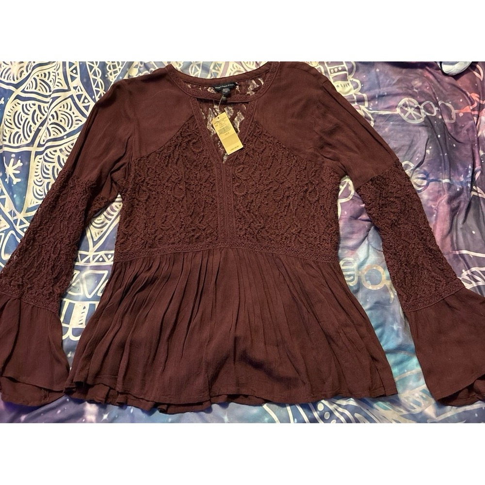 NEW American Eagle Burgundy Lace Detail Longsleeve Bell Sleeve Peasant‎ Top, S
